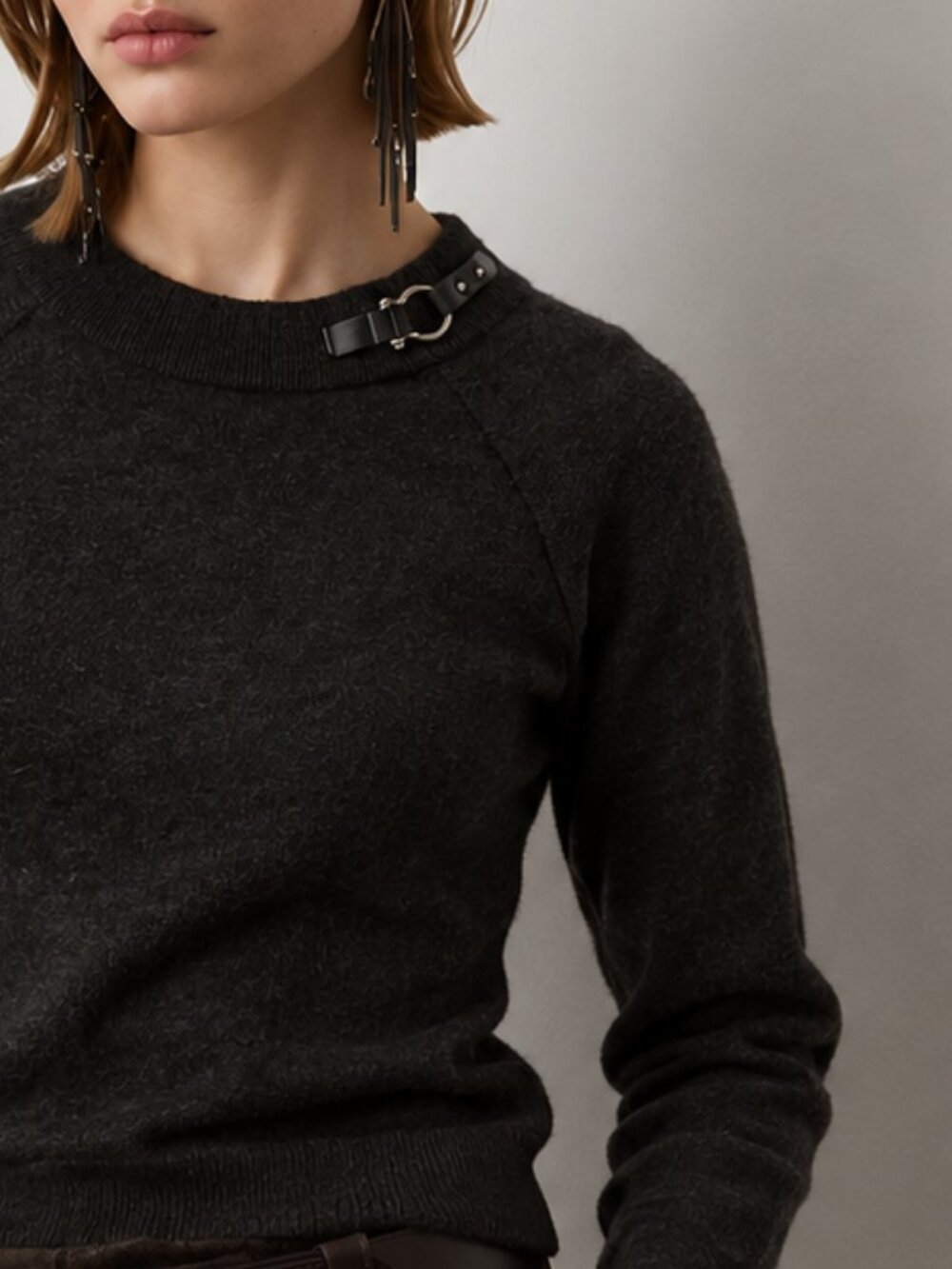 Ralph Lauren Charcoal Knit Sweater Silver Shoulder Buckle
